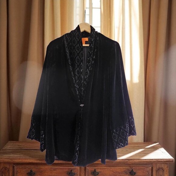 Harari Black Silk Blend Velvet Kimono Jacket W/ Floral Burnout Medium Size - Picture 1 of 7